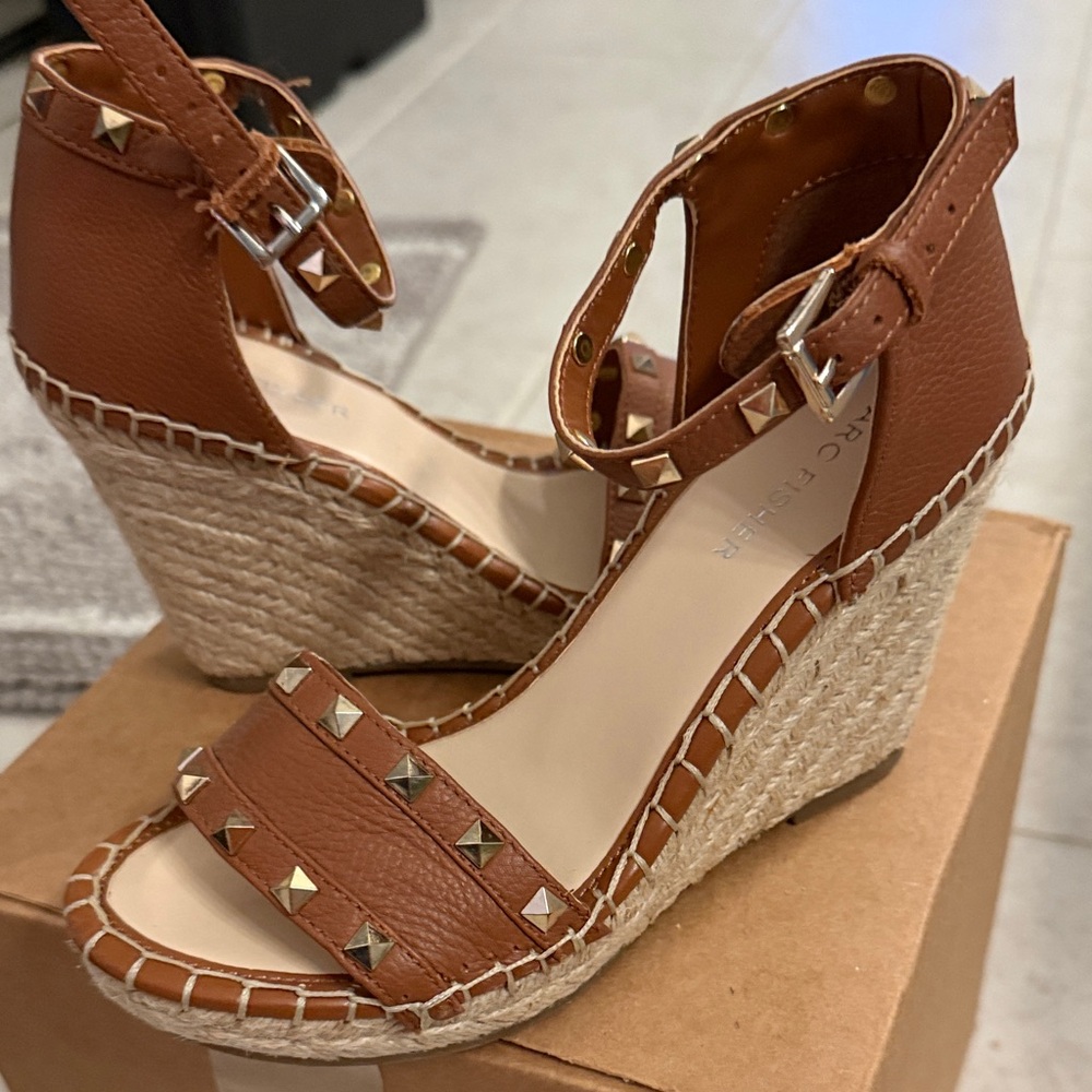 Marc Fisher Tan Leather Studded Ankle-Strap Sandals - Picture 2 of 12